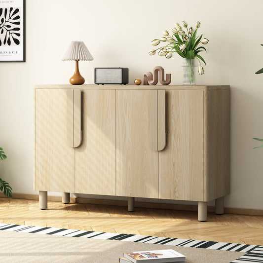 Trexm Arc Sideboard – 4-Door Natural Wood Buffet with Curved Handles and Adjustable Shelves