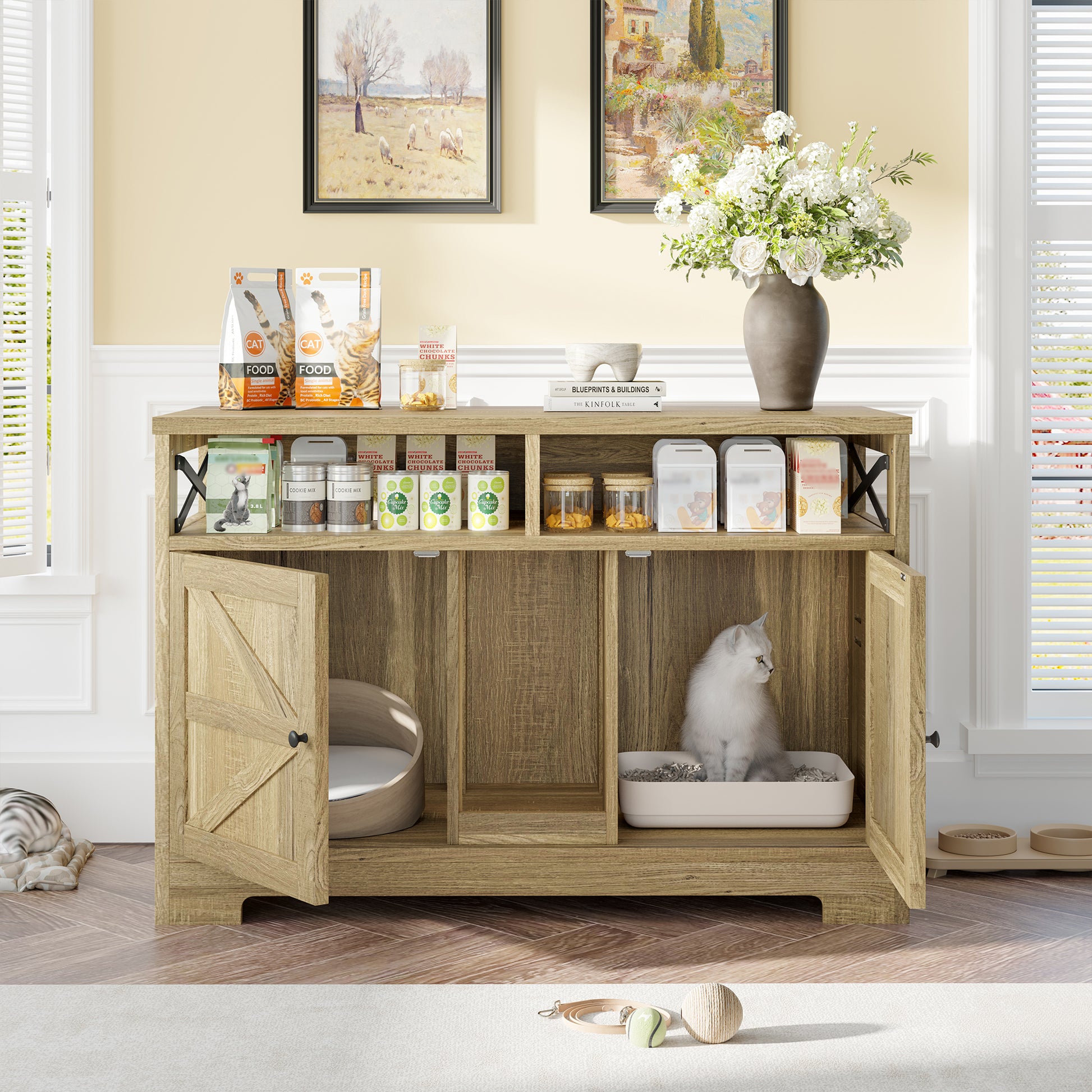 Nuvio Double Litter Enclosure – Brown Hidden Cat Box for 2 Cats with Side Table & Farmhouse Styling - JUSTLIVE NESTJUSTLIVE NEST