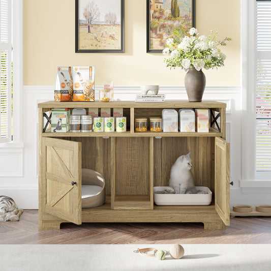 Nuvio Double Litter Enclosure – Brown Hidden Cat Box for 2 Cats with Side Table & Farmhouse Styling - JUSTLIVE NESTJUSTLIVE NEST