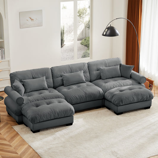 Modular Lounge – Grey U-Shape 3-Seat Sofa with 2 Movable Ottomans, Bolster Arms, Waist & Accent Pillows