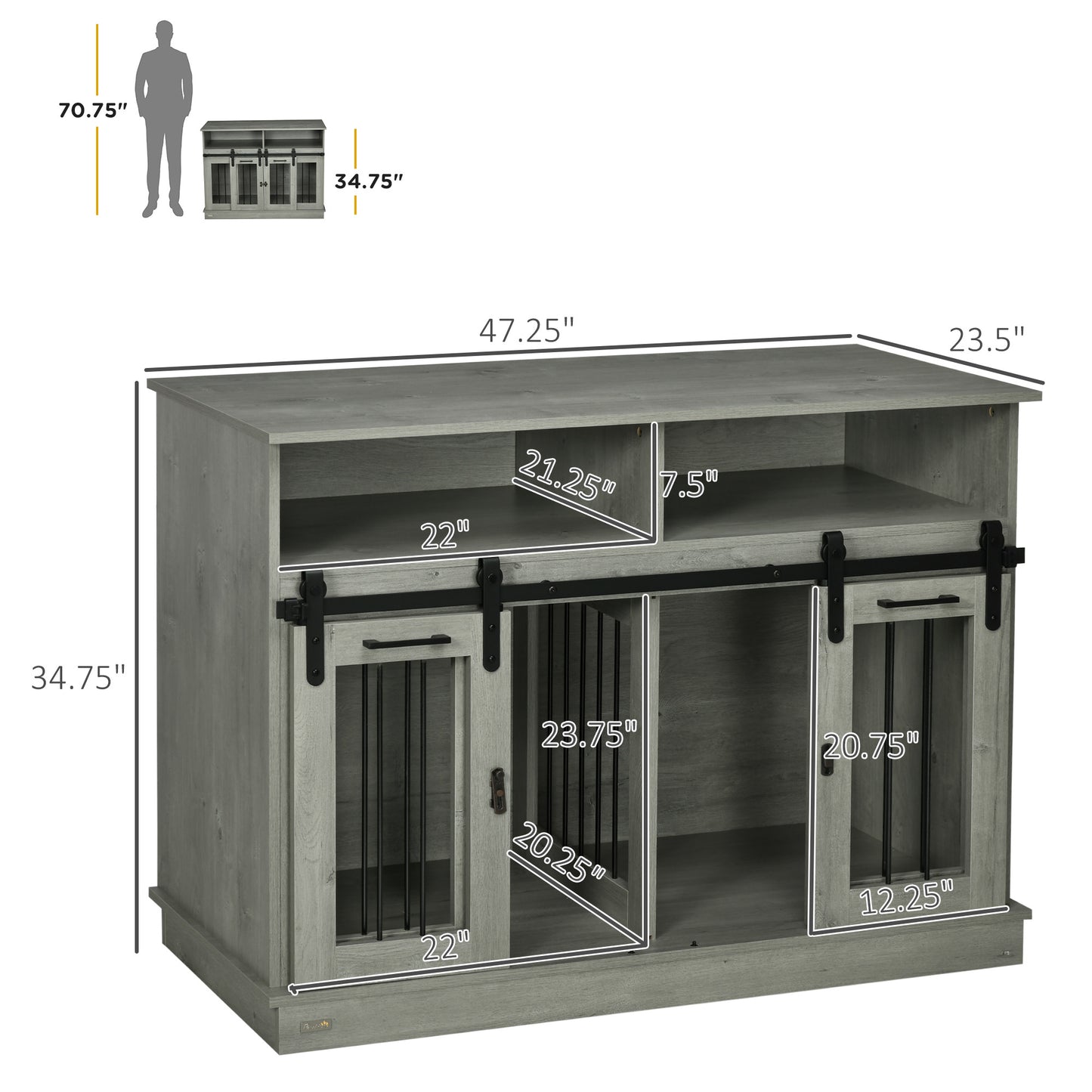 Hollo 47" Dual Dog Crate – Gray Sliding Door Kennel with Shelves for Large or 2 Small Dogs - JUSTLIVE NESTJUSTLIVE NEST