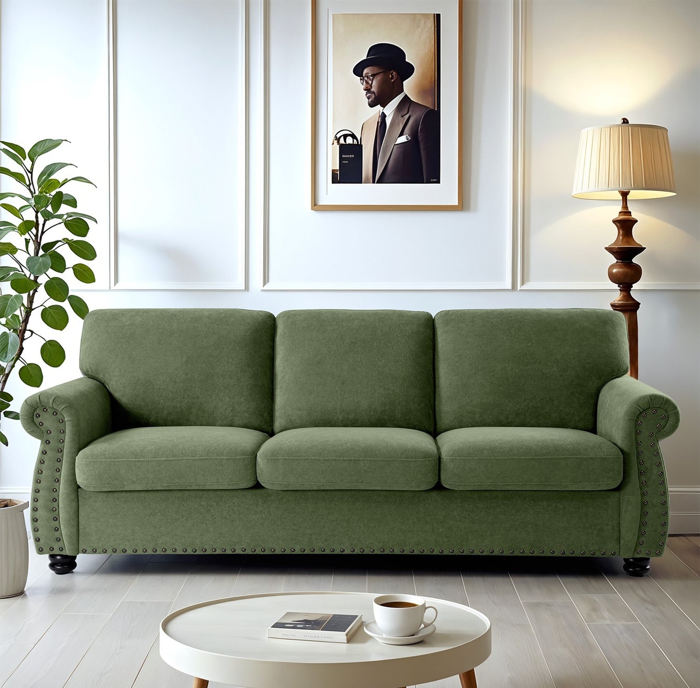 JUSTLIVE ‘Comfina Luxe” Sofa – Green Velvet | Chic 3-Seat Couch + Plush Back + Solid Wood Legs