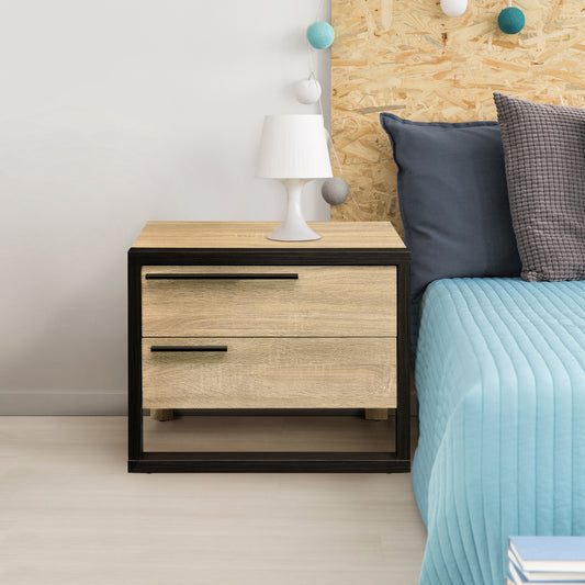 Orrin Mixed Chest – Oak & Black 2-Drawer Nightstand with Framed Contrast Look