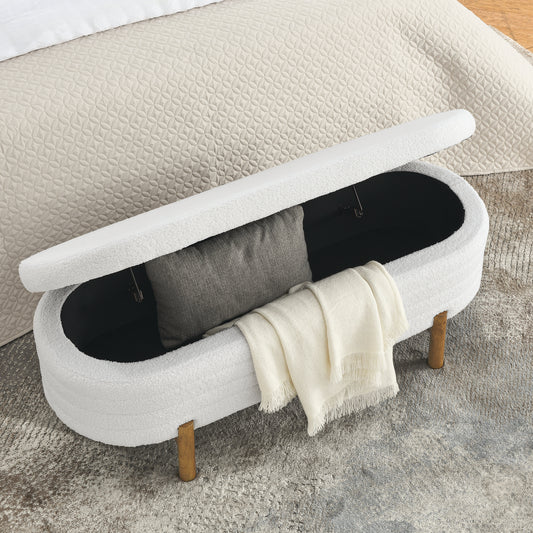 Elvar Oval – Beige Upholstered Storage Bench with Rubberwood Legs