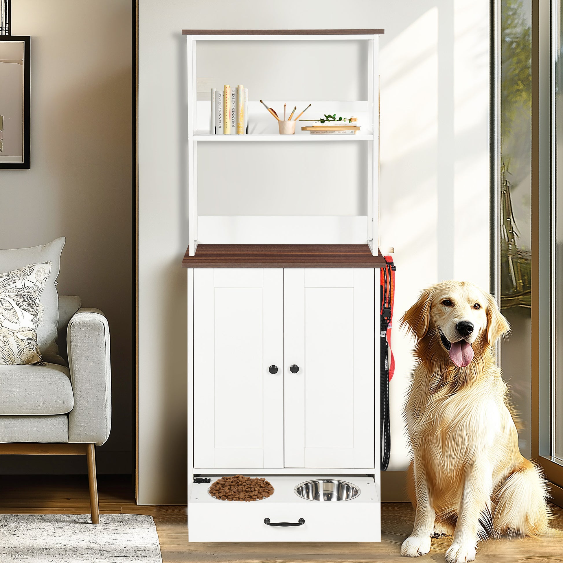 Verno Pet Feeder Console – White Feeding Station with 2 Bowls, Adjustable Shelves & Storage - JUSTLIVE NESTJUSTLIVE NEST
