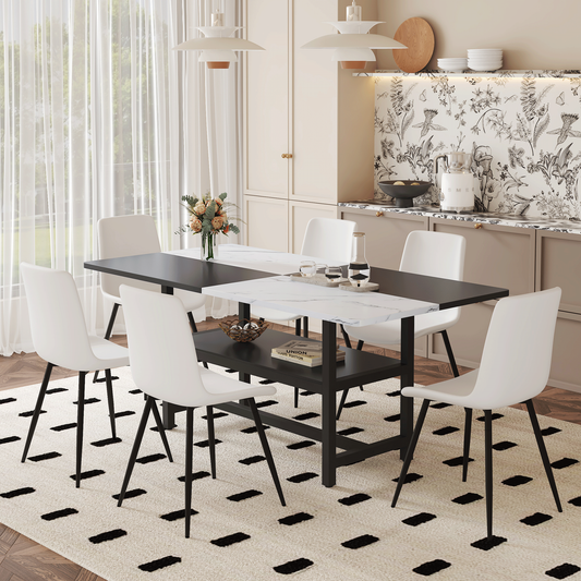 Prismora 71" Split-Top Dining Table – Mid-Leg Storage Base with 6 Cloudform PU Chairs