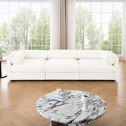 NestEdge ‘StoraNest” Sofa – White Chenille | 3-Seater with Hidden Storage + Cylindrical Back & Arms