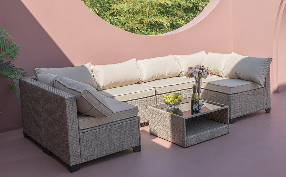 Solvia Lounge Set – 7-Piece Boho Outdoor Sectional with Gray Cushions