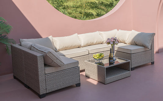 Solvia Lounge Set – 7-Piece Boho Outdoor Sectional with Gray Cushions