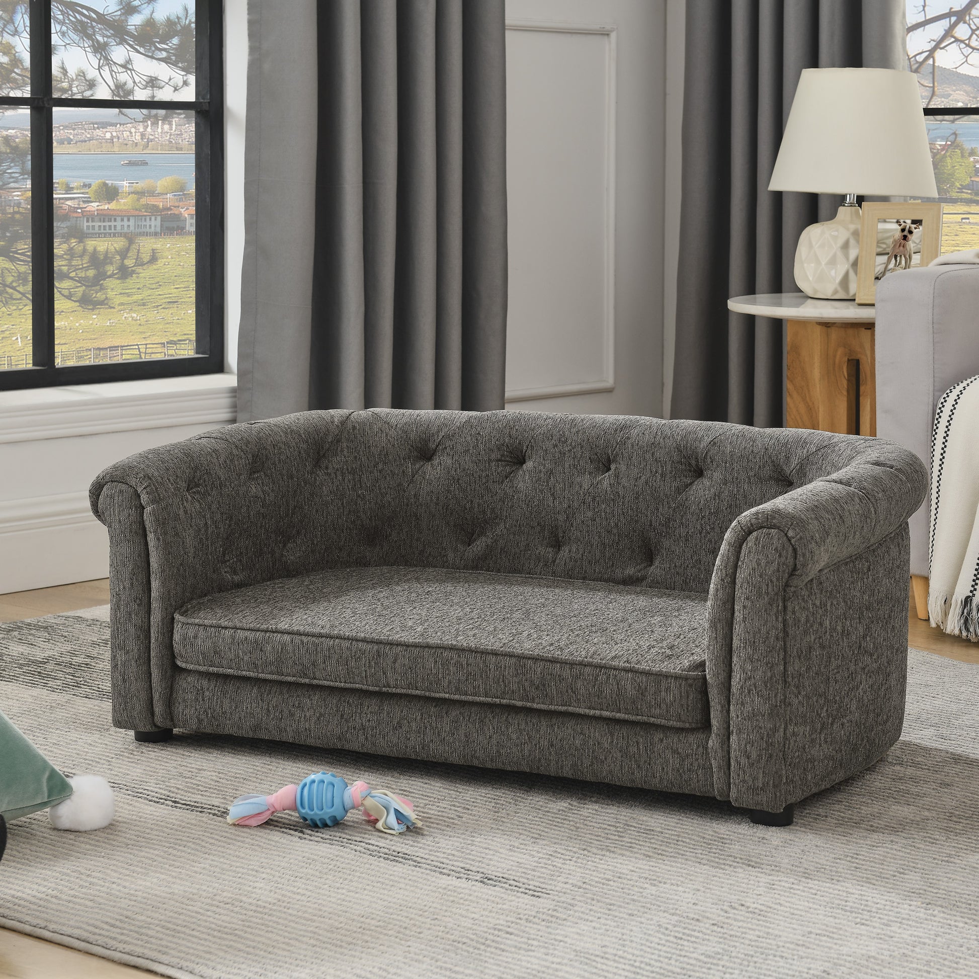 Kova Arc Pet Sofa – Dark Gray Linen Dog Couch with Curved Backrest & Cozy Cushion - JUSTLIVE NESTJUSTLIVE NEST