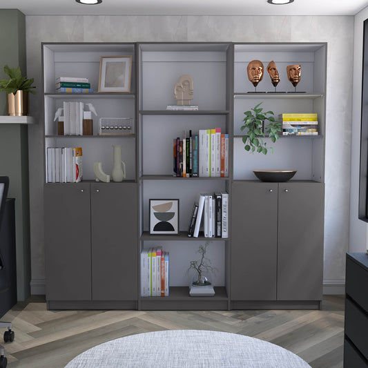 Hialeah Bookcase Set – 3-Piece 74'' Wall Unit with 10 Shelves and Double-Door Cabinets (Gray/White)