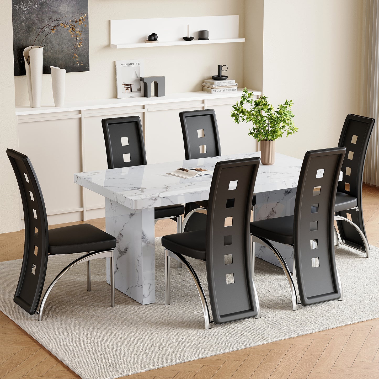Volara 63" Dining Set – Veinstone MDF Table with 6 Geoluxe Saddleback PU Chairs