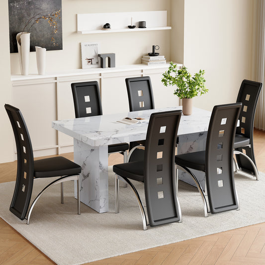 Volara 63" Dining Set – Veinstone MDF Table with 6 Geoluxe Saddleback PU Chairs