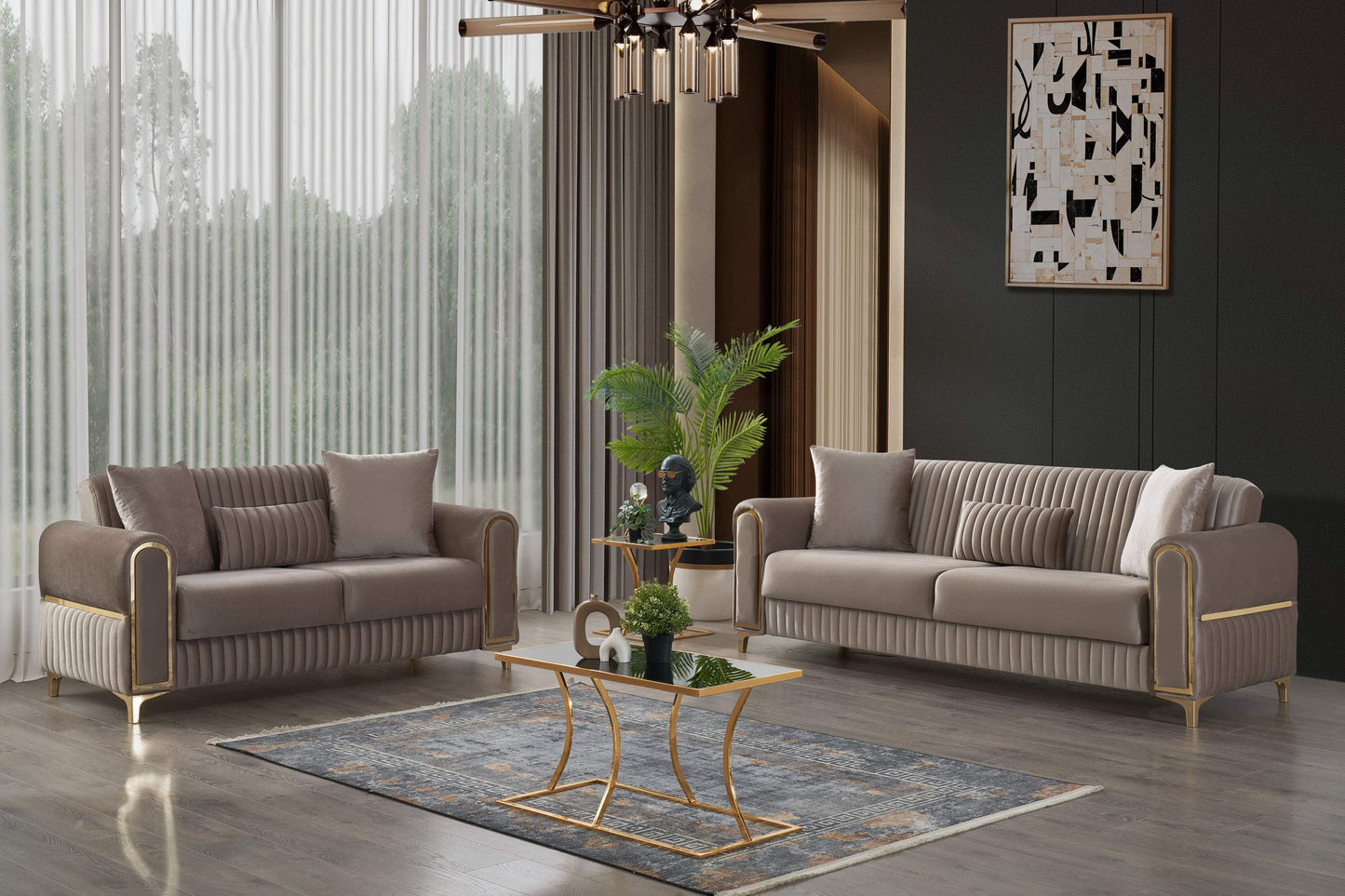 JUSTLIVE ‘Comfina Luxe” Velvet Set – Taupe Upholstery | 2PC Sleeper Sofa + Loveseat | Wood & Iron Frame