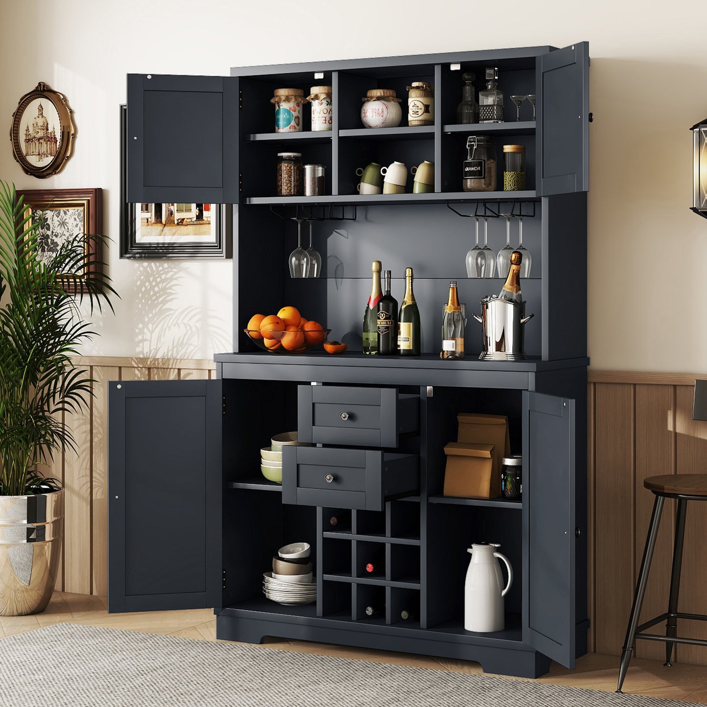 Harven Bar Cabinet – Dark Blue Farmhouse Wine Buffet with Drawers, Shelves, and Glass Racks