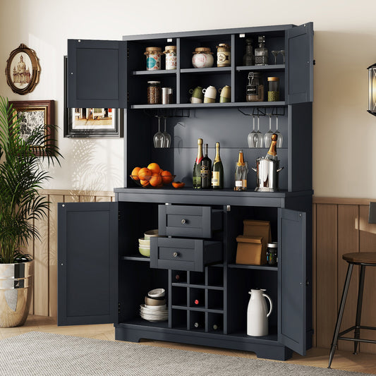 Harven Bar Cabinet – Dark Blue Farmhouse Wine Buffet with Drawers, Shelves, and Glass Racks
