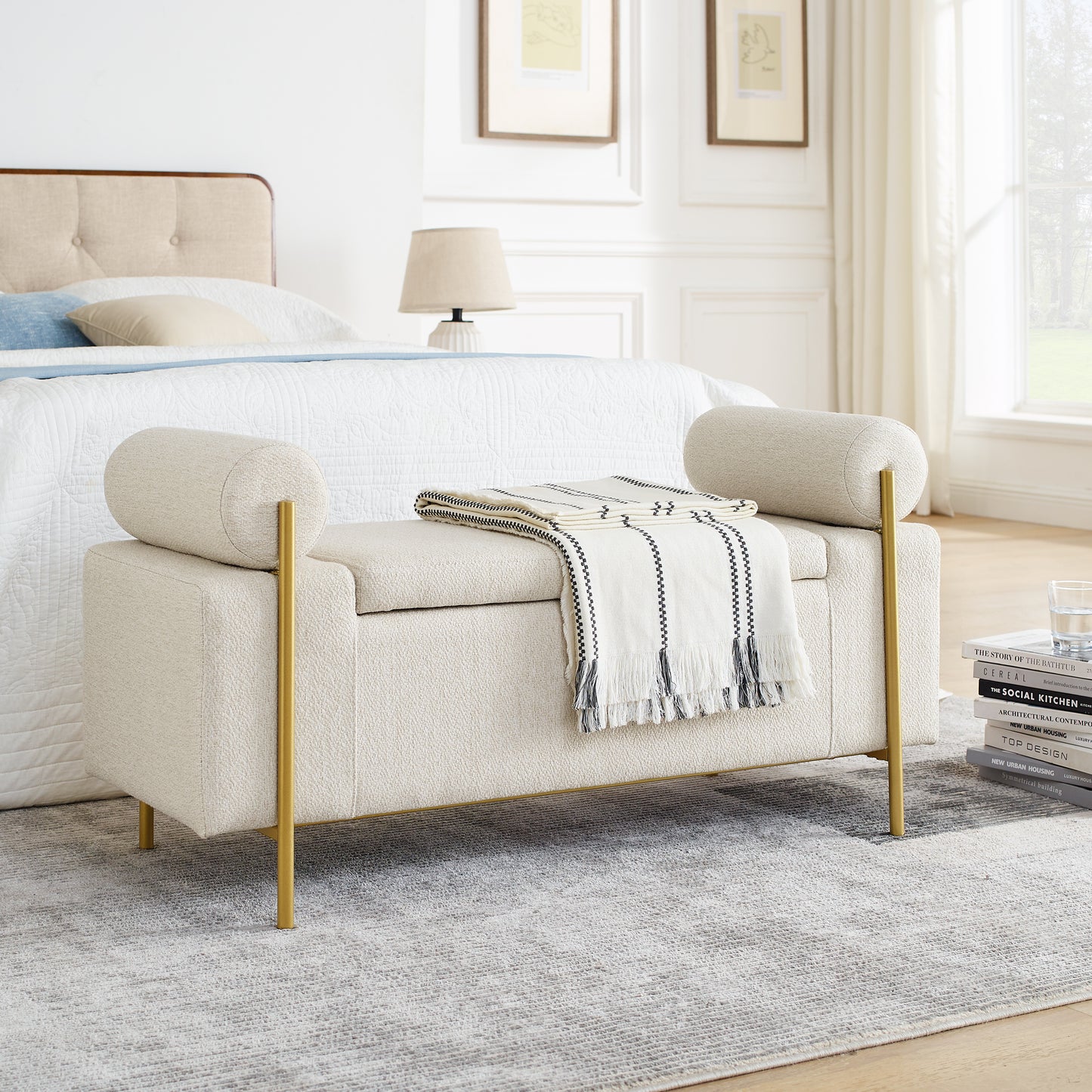 Cylora Bench – Beige Linen Storage with Round Arms