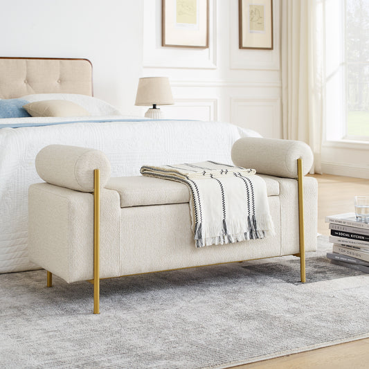 Cylora Bench – Beige Linen Storage with Round Arms
