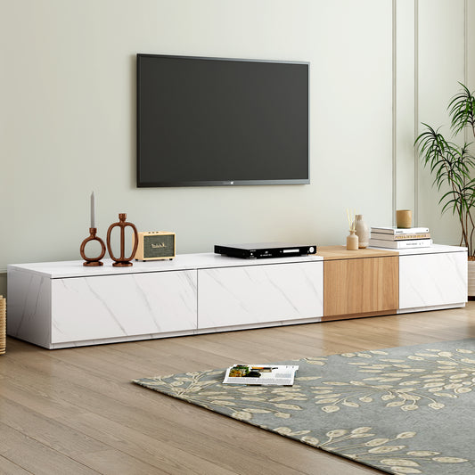 Marvara Console – Faux Marble TV Stand with Drawers – White Finish (Up to 88")