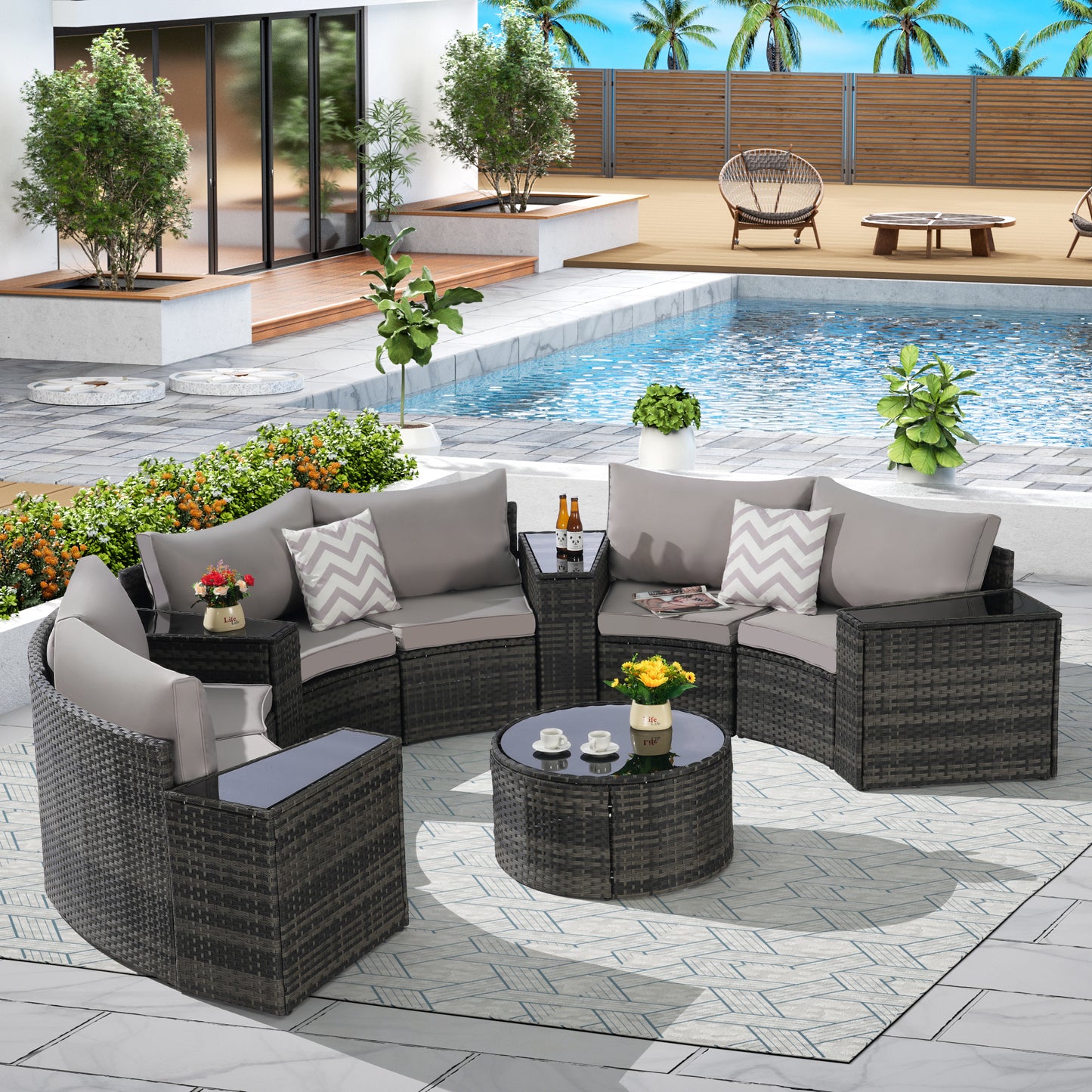 Solvara 11-Piece Curve Set – Half-Moon Sectional Sofa with Round Glass Coffee Table