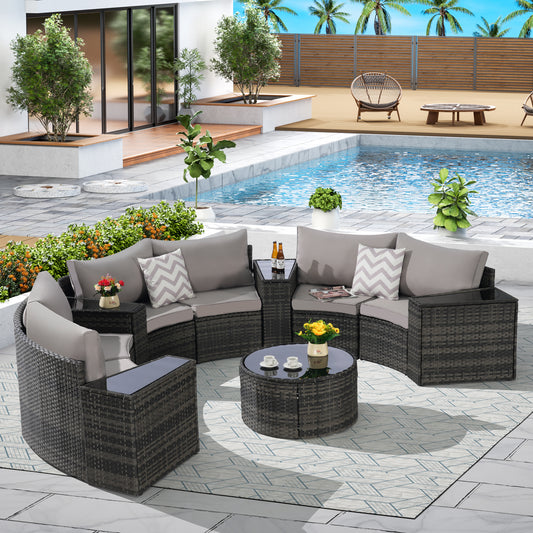 Solvara 11-Piece Curve Set – Half-Moon Sectional Sofa with Round Glass Coffee Table