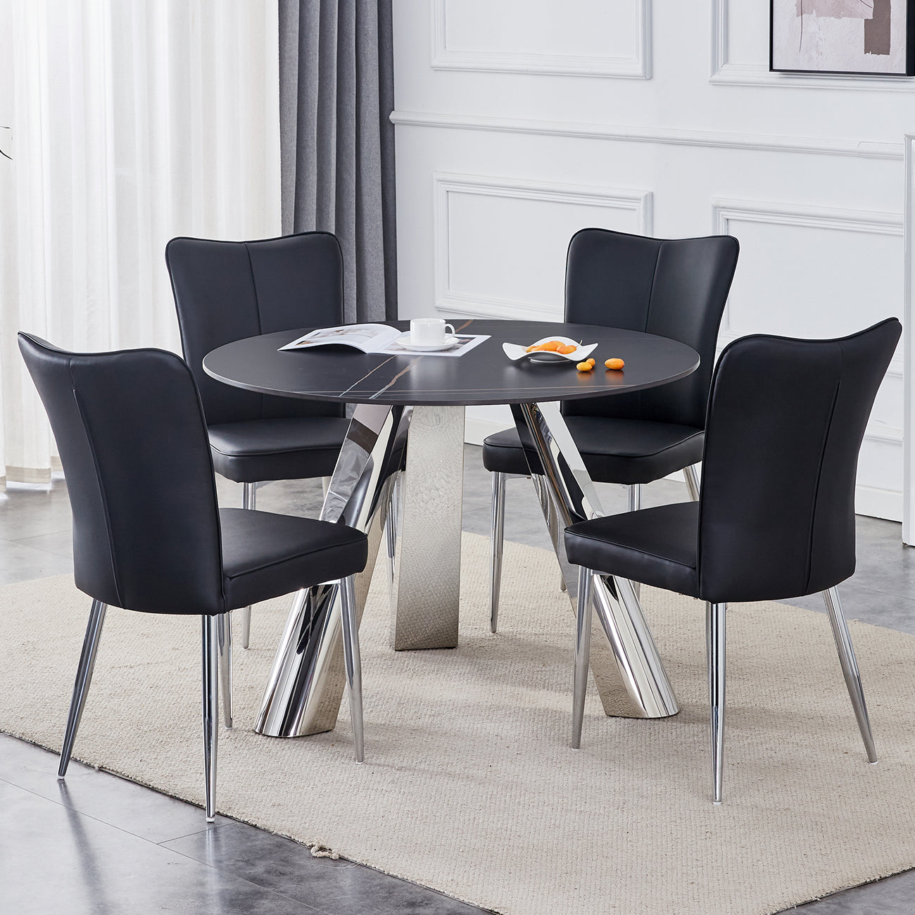 Lustro 42" Round Sintered Stone Dining Set – Mirror Stainless Base & 4 Black PU Chairs
