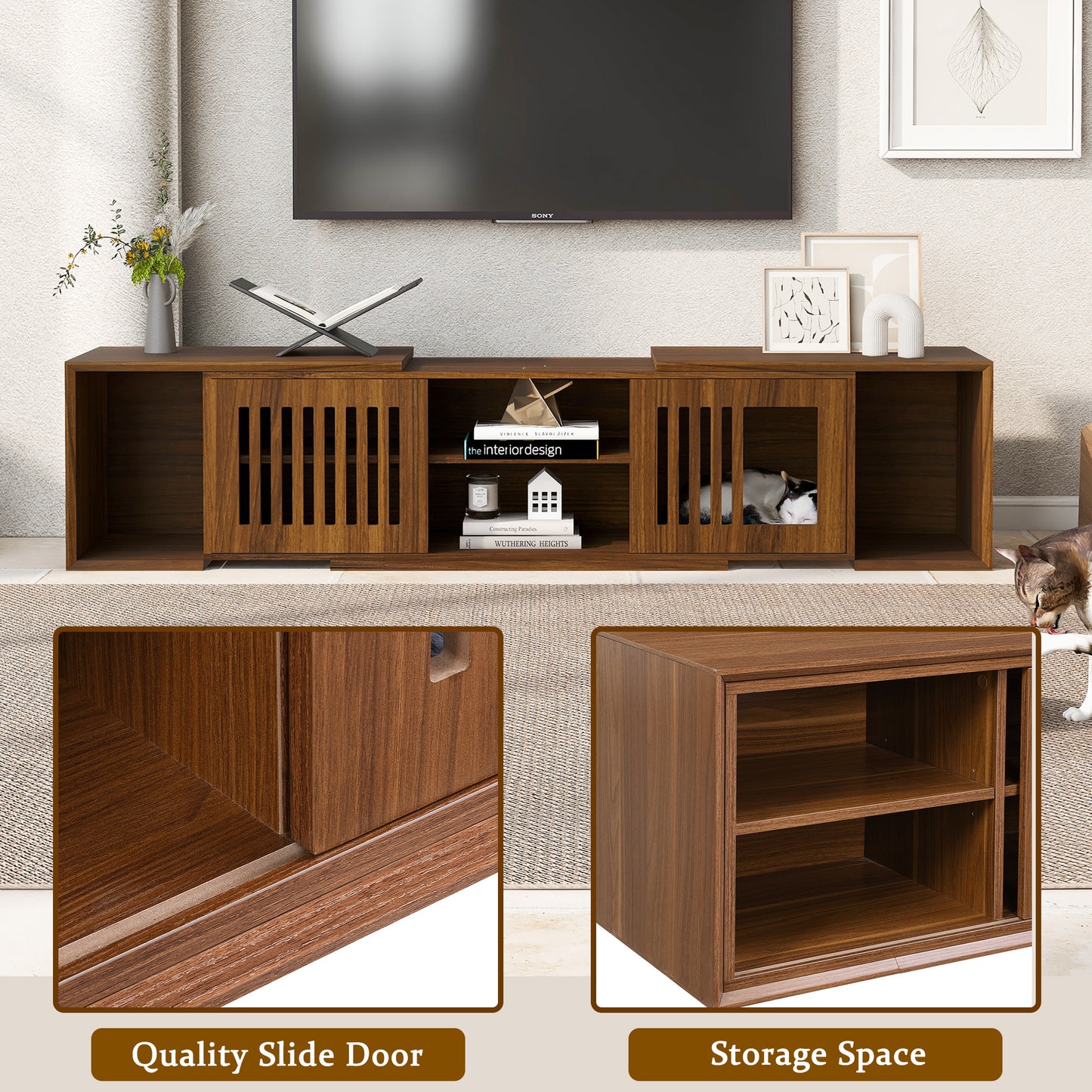 Vero Pet - Friendly TV Console – Mid - Century Walnut Stand with Soft Cushion, Sliding Door & Cat Hideout - JUSTLIVE NESTJUSTLIVE NEST