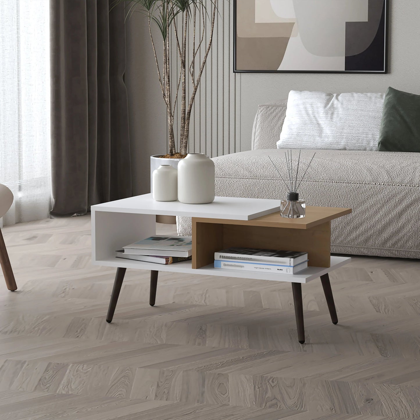 Oaklen Coffee Table – White and Natural Oak Finish with Open Storage and Conical Legs