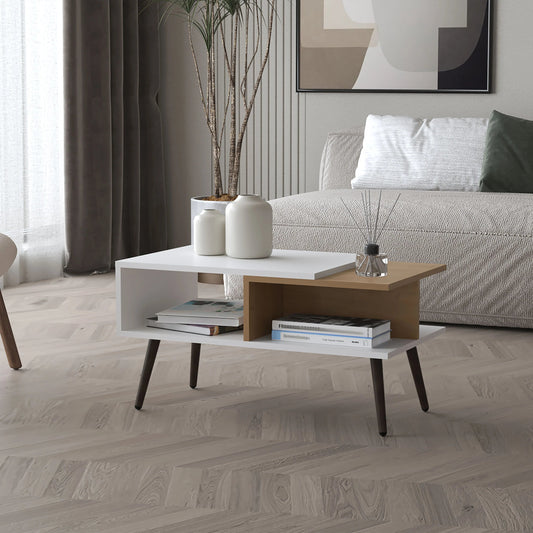 Oaklen Coffee Table – White and Natural Oak Finish with Open Storage and Conical Legs
