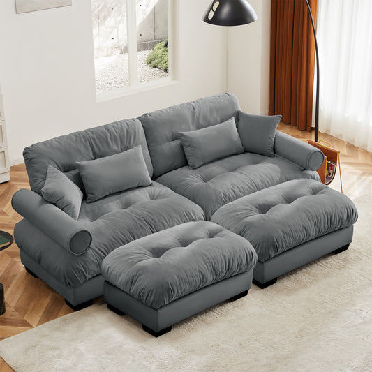 Duo Comfort Lounge – Grey Velvet Oversized 2-Seat Sofa with Ottoman, Round Bolster Arms, Waist & Accent Pillows