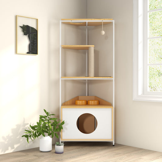 Vero Corner Cat Tower – Multi - Level Cat Condo with Scratching Post, Feeder & Climbing Ledges - JUSTLIVE NESTJUSTLIVE NEST