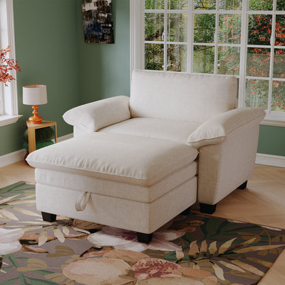 NestEdge ‘CozyLounge” 51” Oversized Chaise – Beige Chenille | Ottoman + Hidden Storage