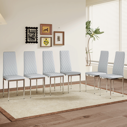 Lina Dining Chair Set – 6 Light Gray PU Seats with Silver Legs, Modern Home Essential