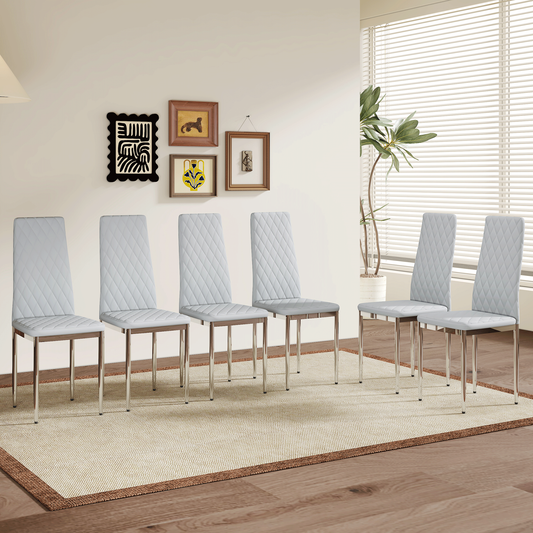 Lina Dining Chair Set – 6 Light Gray PU Seats with Silver Legs, Modern Home Essential