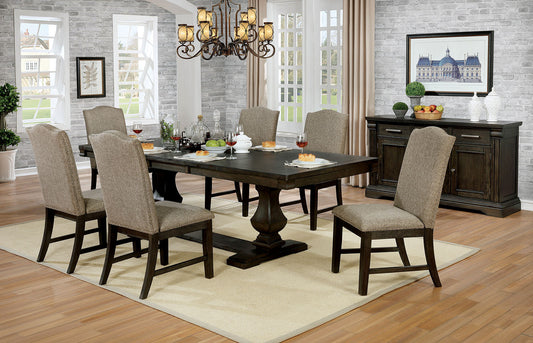 Espira 7‑Piece Solid Wood Dining Set – Warm Gray Table with Leaf and 6 Espresso Chairs