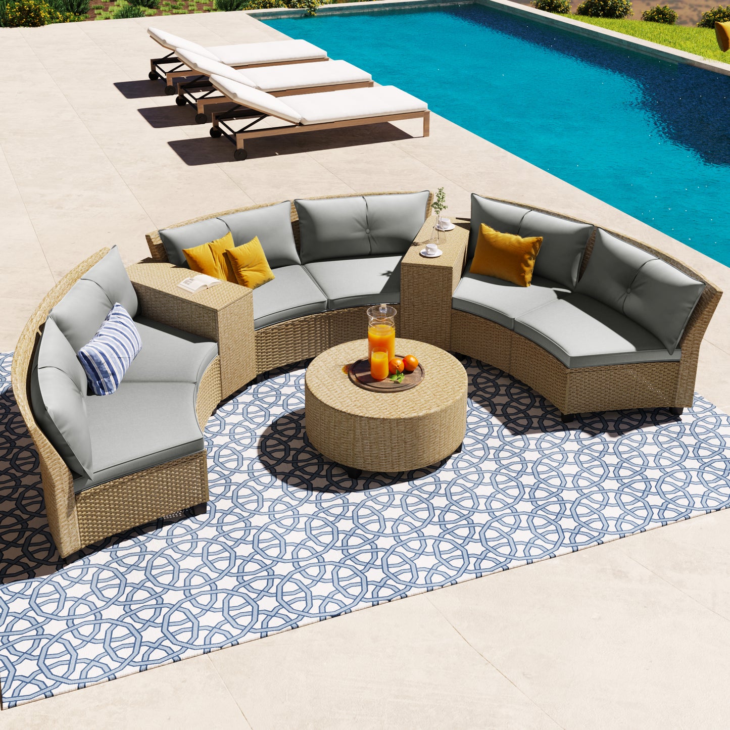 U_Style 6-Person Curved Rattan Set – Fan-Shaped Garden Sofa with Cushions & Coffee Table