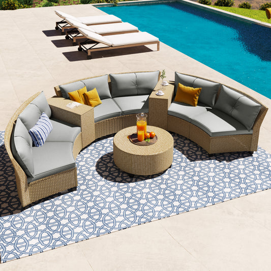 U_Style 6-Person Curved Rattan Set – Fan-Shaped Garden Sofa with Cushions & Coffee Table