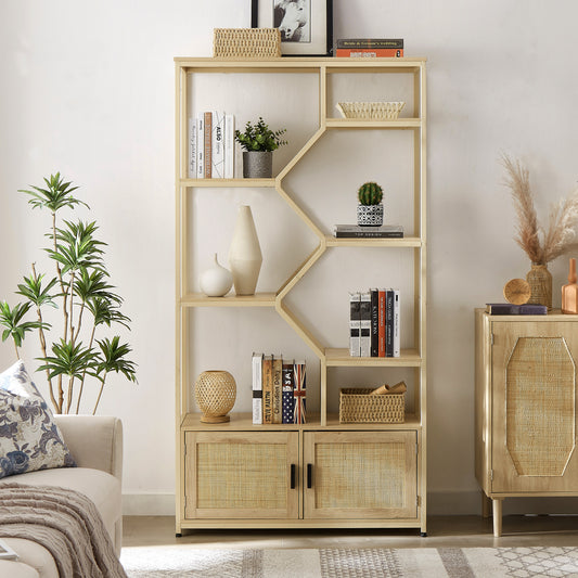 Ravora Rattan Shelf – 7-Tier Natural Bookcase with Cabinet Base