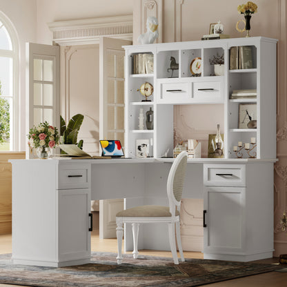 Mirella Power L-Desk – White L-Shape Desk with 11 Shelves, Cabinets, and Flip Storage