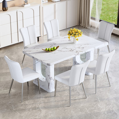 Fayno 7‑Piece Dining Set – Marble Look Table with 6 White Stripe-Back PU Chairs