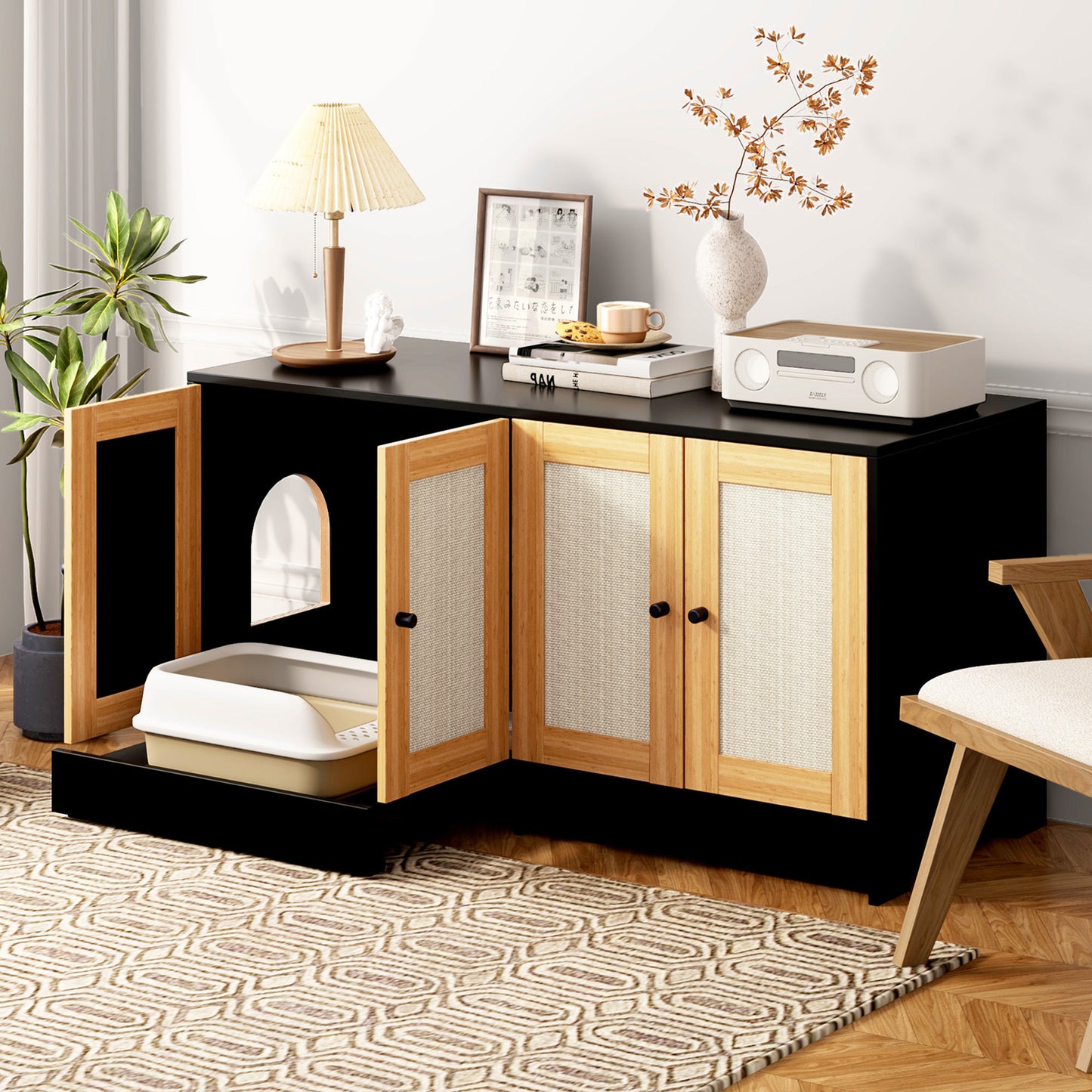 Nuvio Double Litter Enclosure – Black Hidden Cat Box Cabinet with Rattan Doors (Fits 2 Cats) - JUSTLIVE NESTJUSTLIVE NEST