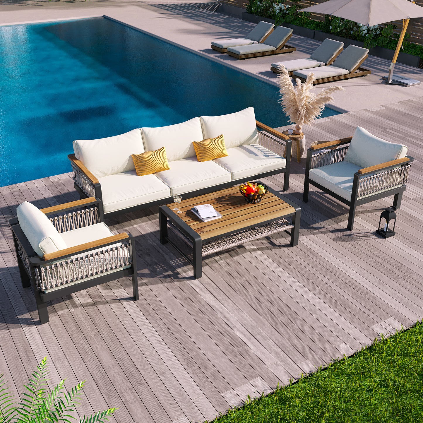 Solvara 4-Piece Sofa Set – 5-Person Wicker Patio Sectional with Cushions & Coffee Table (Beige)