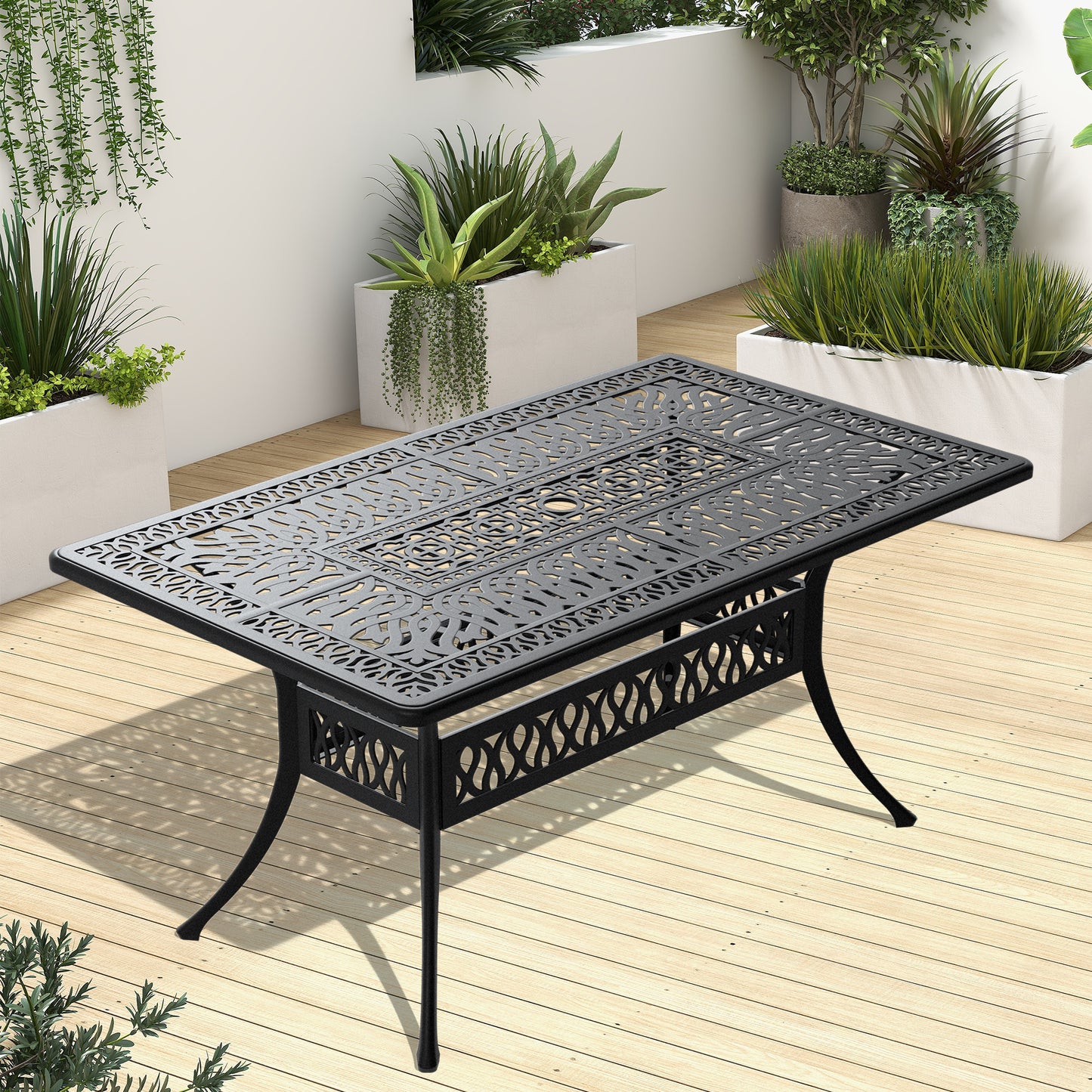 Avero Cast Dining Table – 58" Black Frame with Umbrella Hole, Slatted Detail