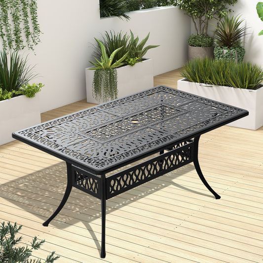 Avero Cast Dining Table – 58" Black Frame with Umbrella Hole, Slatted Detail