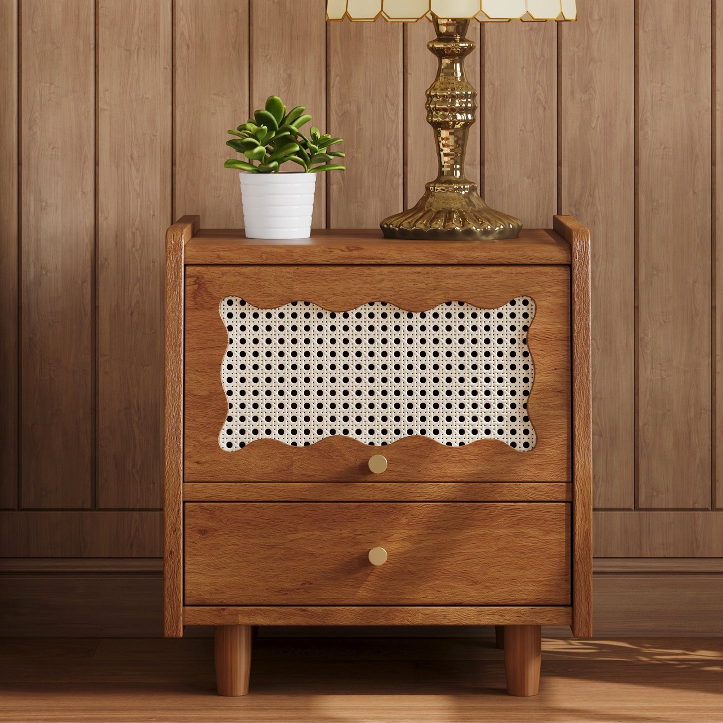 Ravella Rattan Stand – Walnut 1-Drawer Nightstand with Woven Cabinet Door