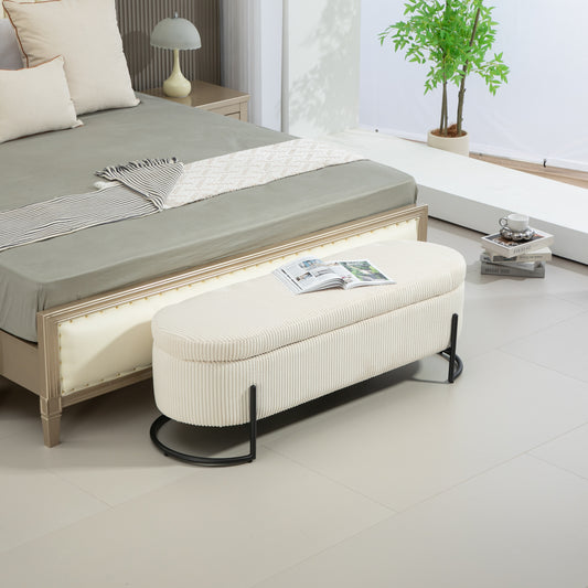 Elvar Bench – Beige Upholstered Storage Seat with Safety Hinge
