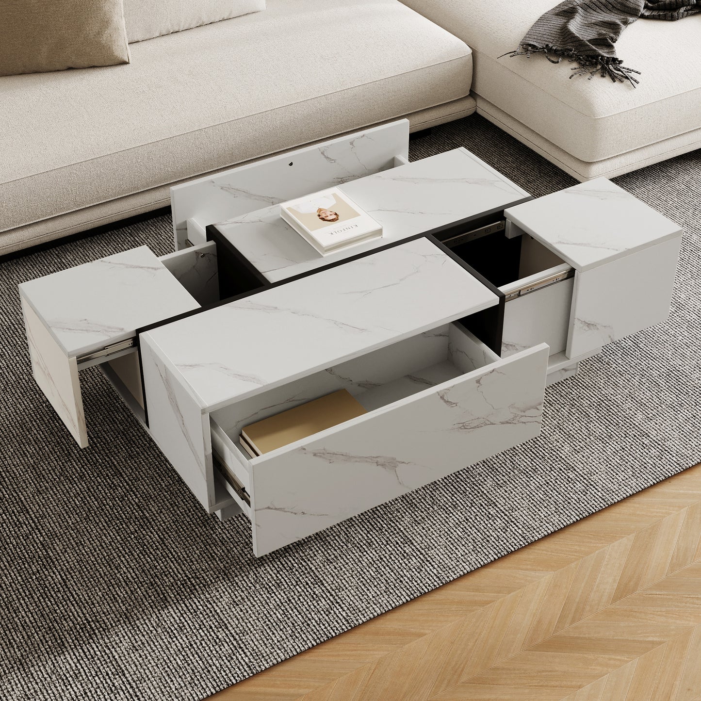 Sylver Slide Table – 47.2" White Sliding Top Table with Hidden Compartments and Drawers