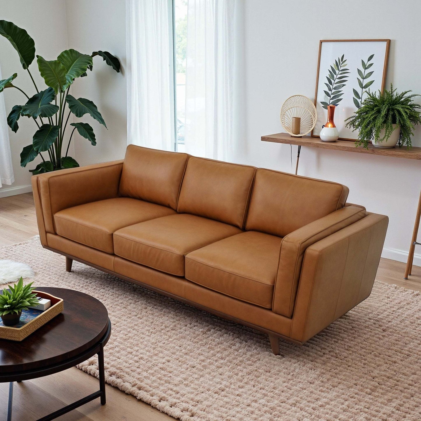 NestEdge ‘RetroLuxe” Sofa – Genuine Leather | Mid-Century Modern Comfort