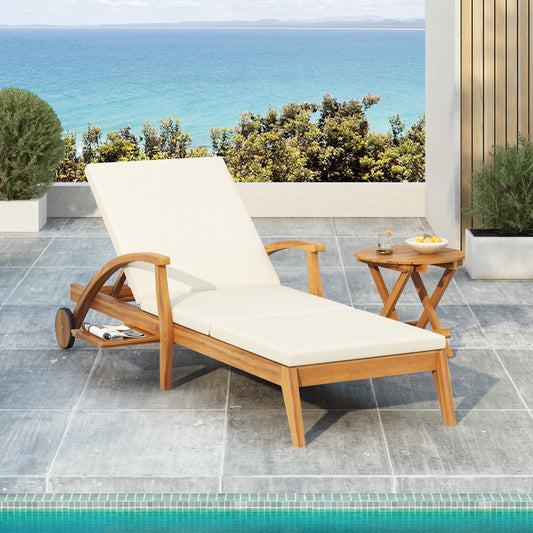 Solvara Acacia Chaise Set – Reclining Wood Lounge with Headrest & Side Space, 3-Fold Cream Cushions (4" Thick)