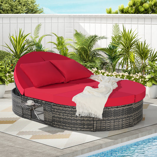 Solvara Round Wicker Daybed – Reclining Sunbed with Adjustable Backrests & Cup Trays (Beige)